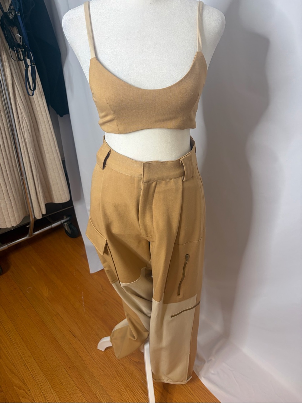Sleek Camel Crop Top — Women's Stretch Bralette and Trouser Set